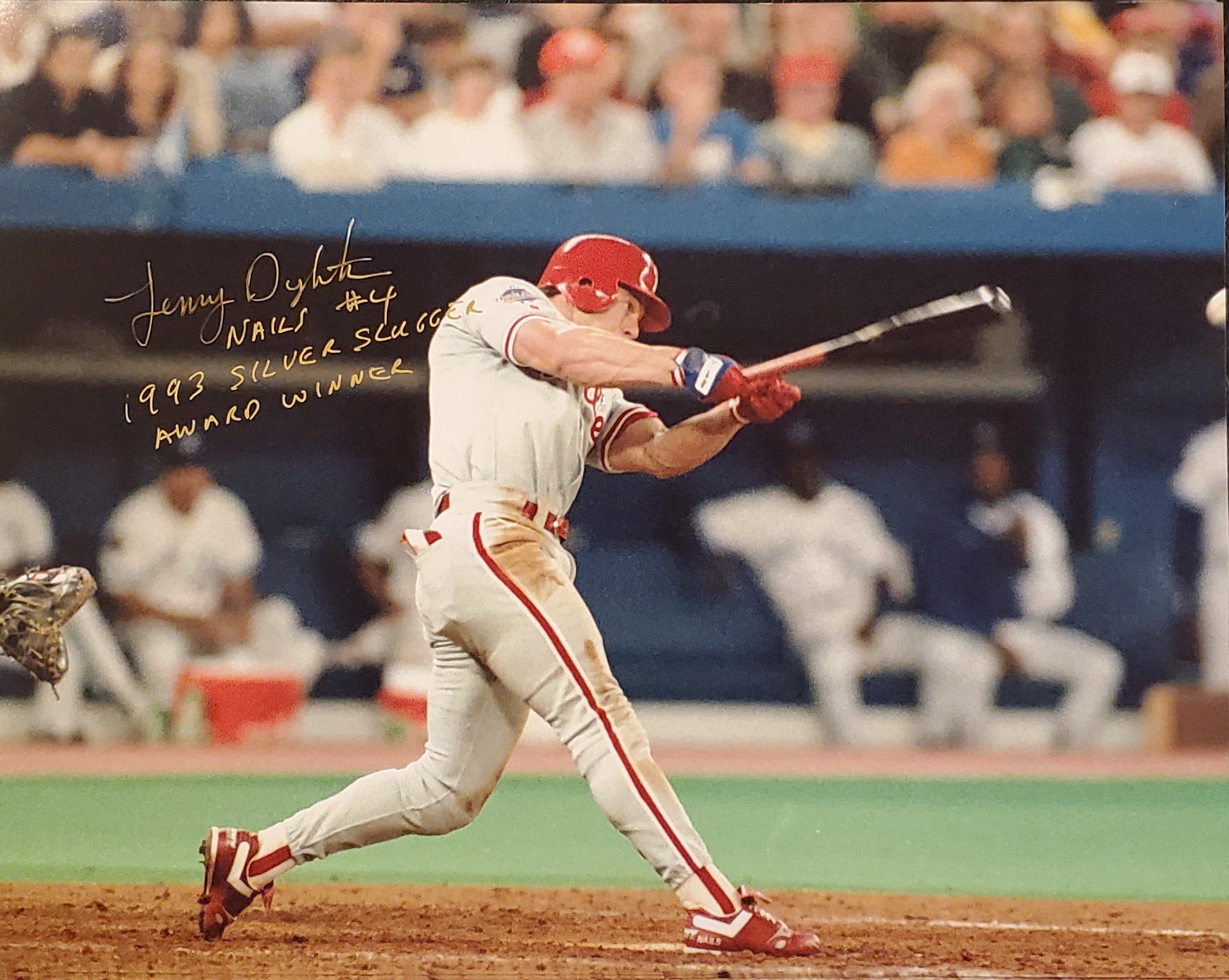 Lenny Dykstra Autographed 11x14 Photo Inscription 1993 Silver Slugger Award Winner GOLD