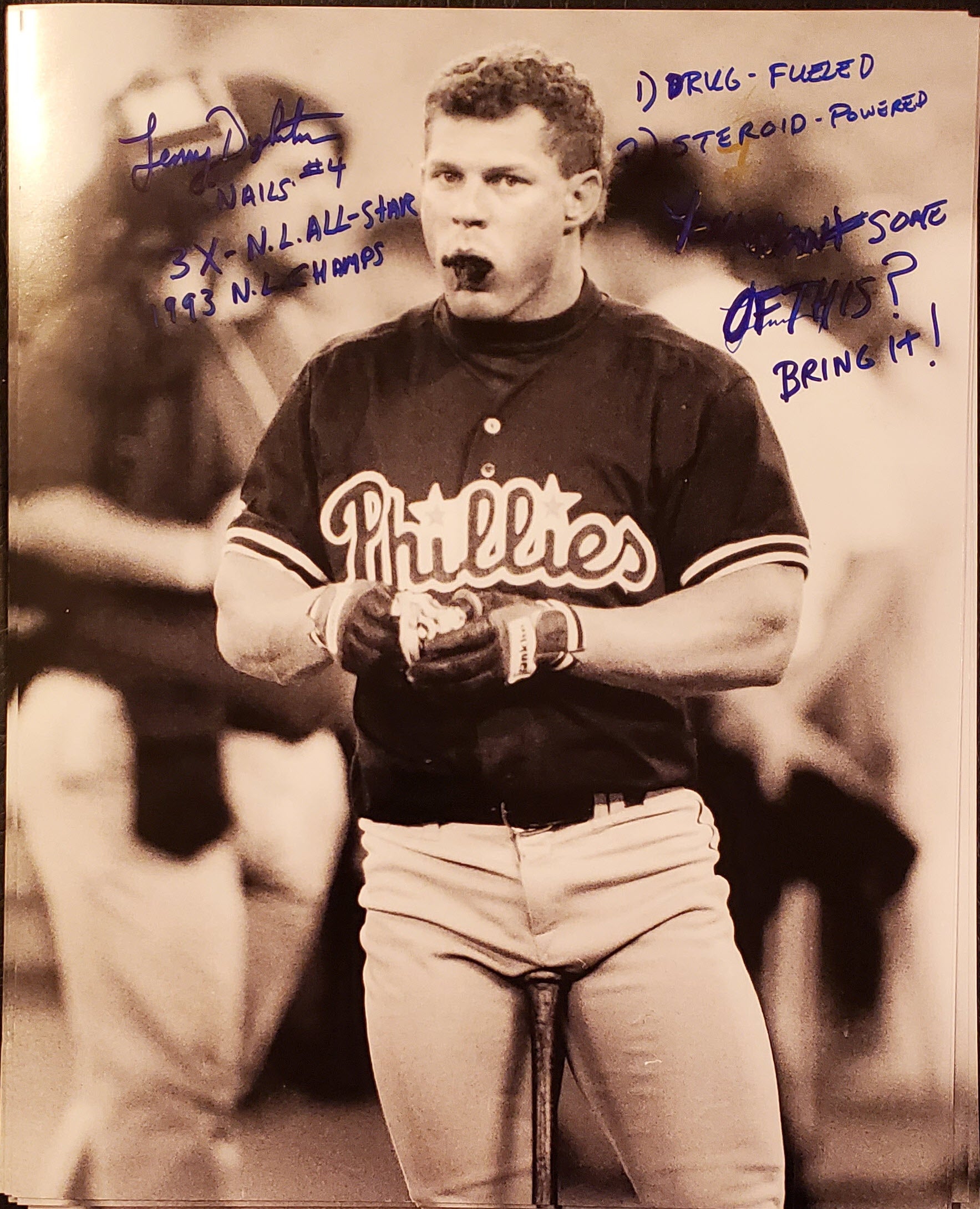 Lenny Dykstra Autographed 16x20 Photo Inscription 3X 1993 NL Champs Drug Steroid Bring It