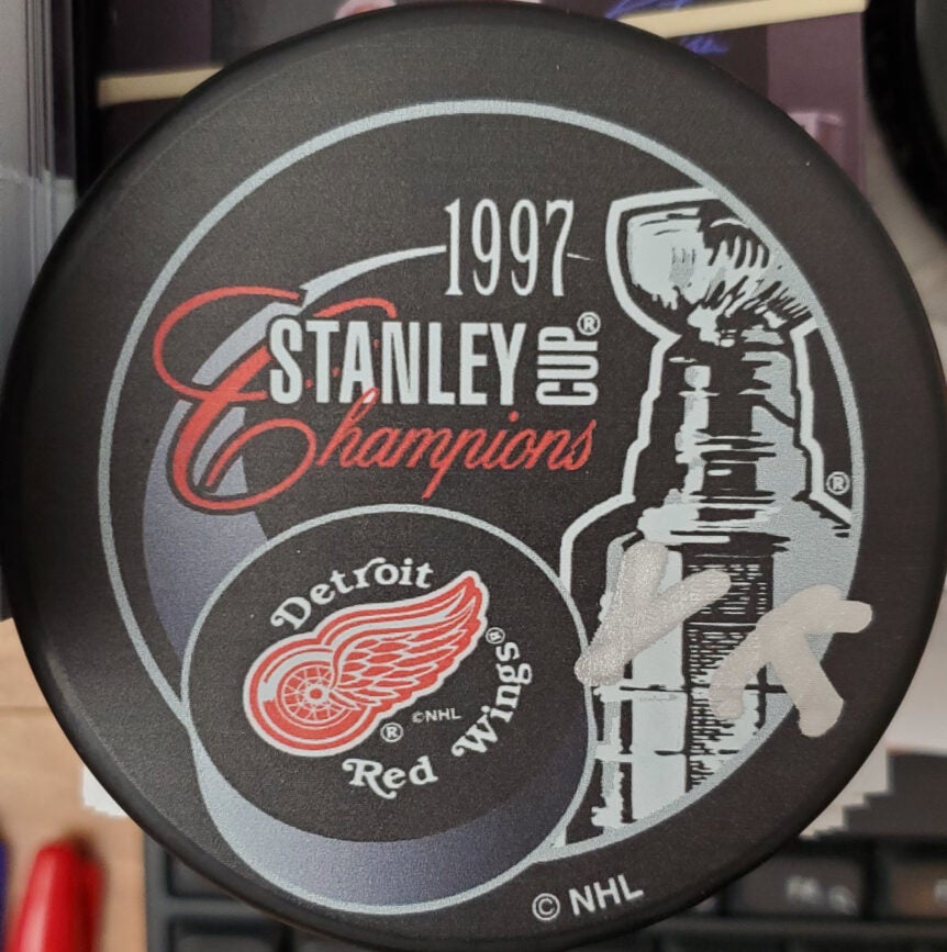Vladimir Konstantinov Detroit Red Wings Autographed 1997 Stanley Cup Champions Puck