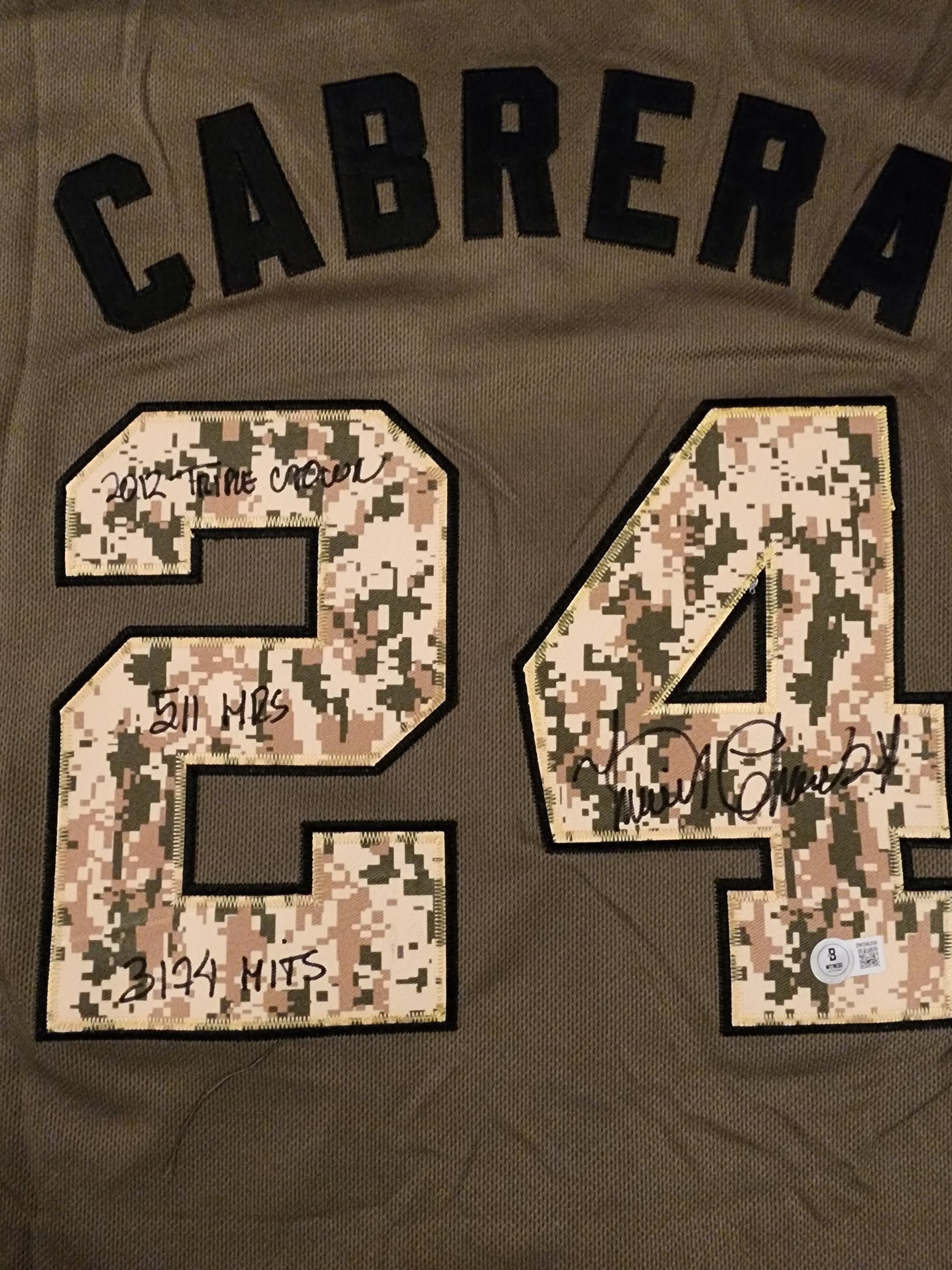 Miguel Cabrera Autographed Green Salute to Service Detroit Tigers Inscribed Jersey Beckett COA v2