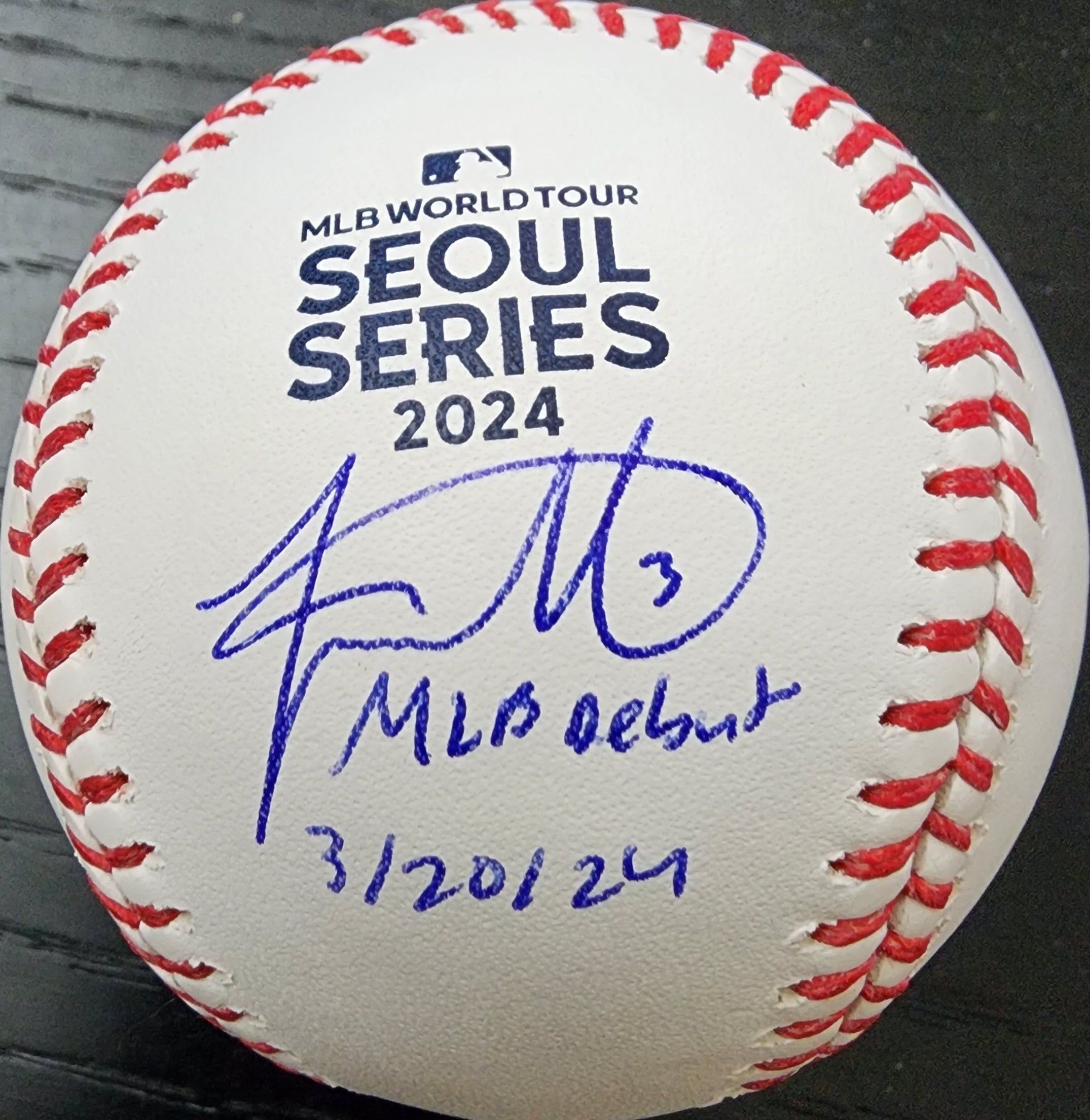 Jackson Merrill Autographed 2024 Seoul Series Baseball Inscribed MLB Debut 32024 v1