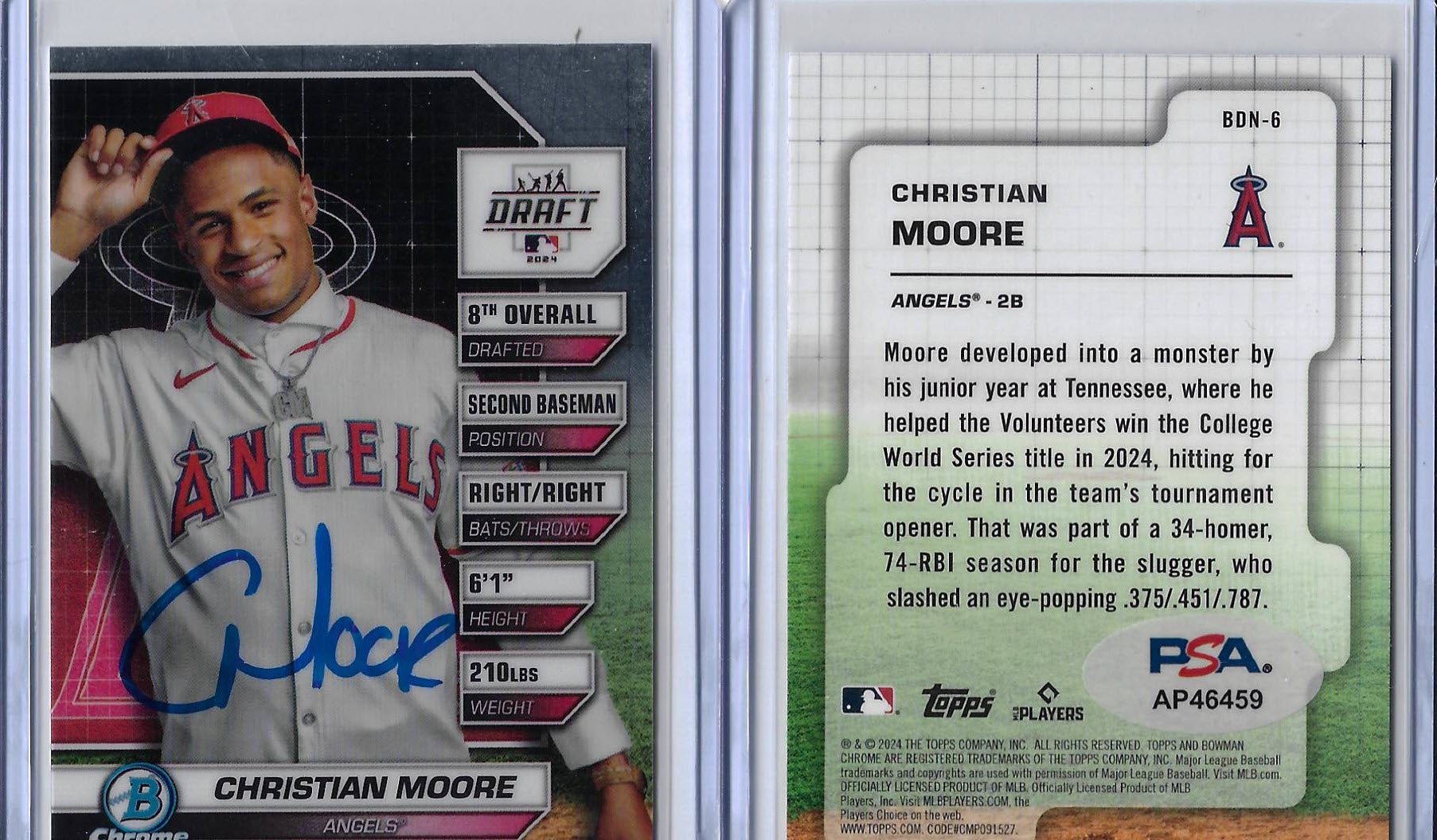 Christian Moore Autographed 2024 Bowman Chrome BDN6 RC PSA COA