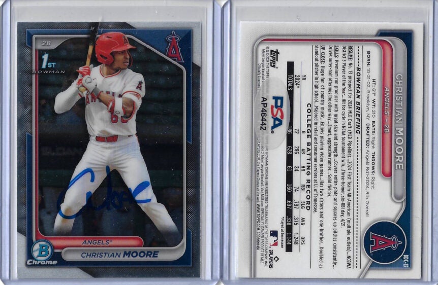 Christian Moore Autographed 2024 Bowman Chrome Draft 1st Bowman Rookie RC PSA COA
