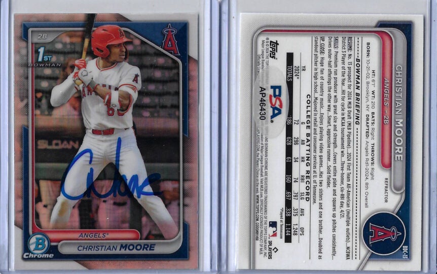 Christian Moore Autographed 2024 Bowman Chrome Draft 1st Bowman Rookie REFRACTOR RC PSA COA