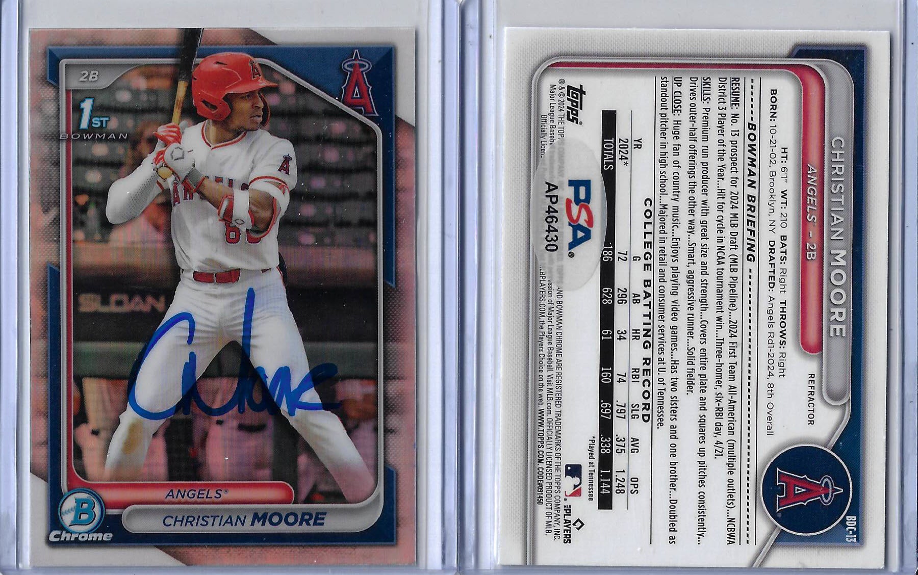 Christian Moore Autographed 2024 Bowman Chrome Draft 1st Bowman Rookie REFRACTOR RC PSA COA