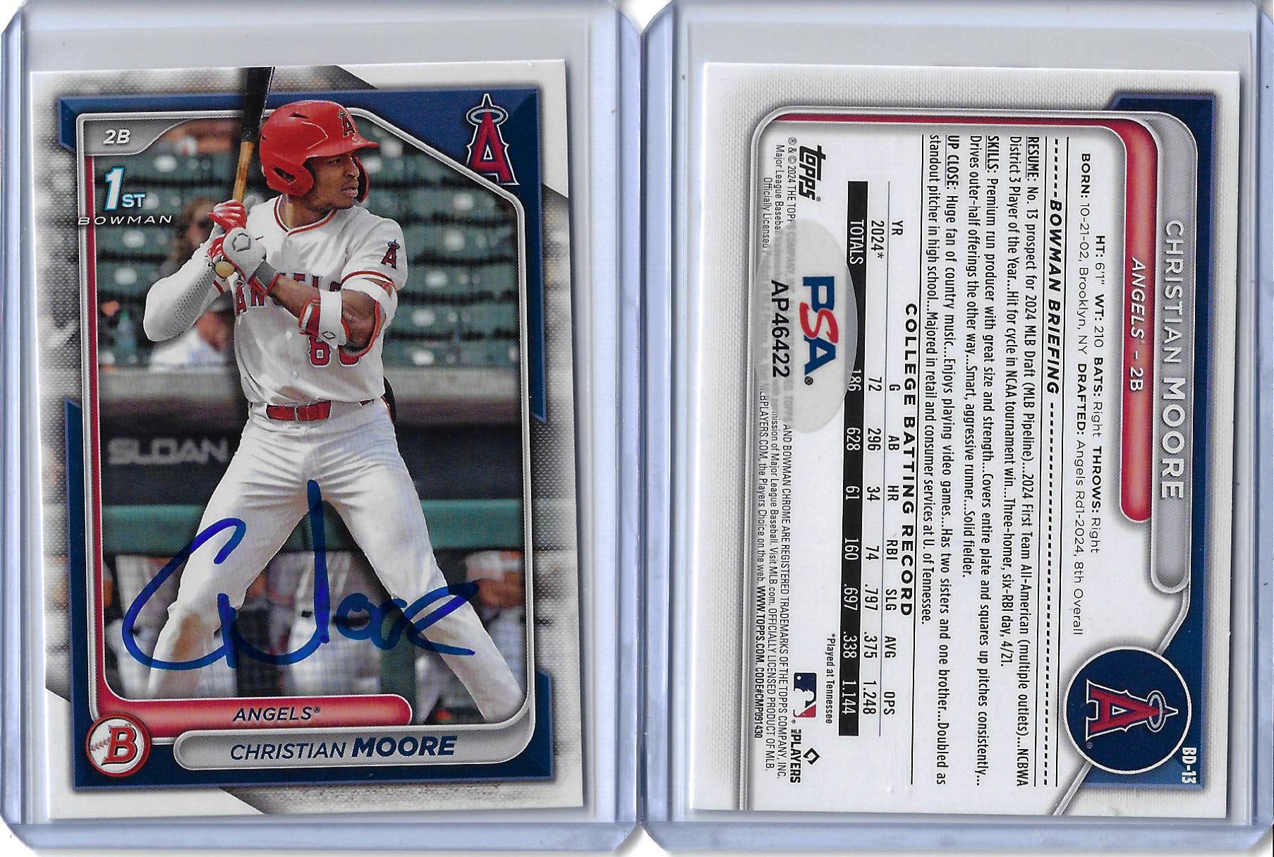 Christian Moore Autographed 2024 Bowman Paper Draft 1st Bowman Rookie RC PSA COA