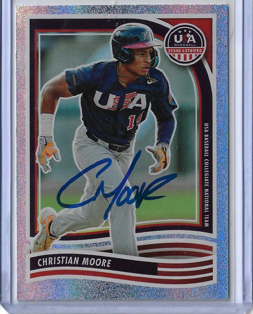 Christian Moore Autographed 2024 Panini USA Stars & Stripes Holo #21 RC PSA COA
