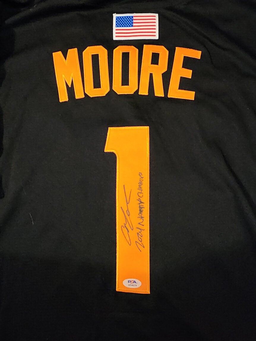 Christian Moore Autographed Black Tennessee Volunteers 2024 MCWS Jersey Inscribed 2024 Natty Champs v2