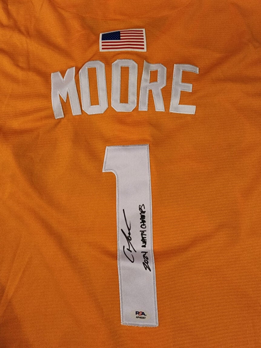 Christian Moore Autographed Orange Tennessee Volunteers 2024 MCWS Jersey Inscribed 2024 Natty Champs v2