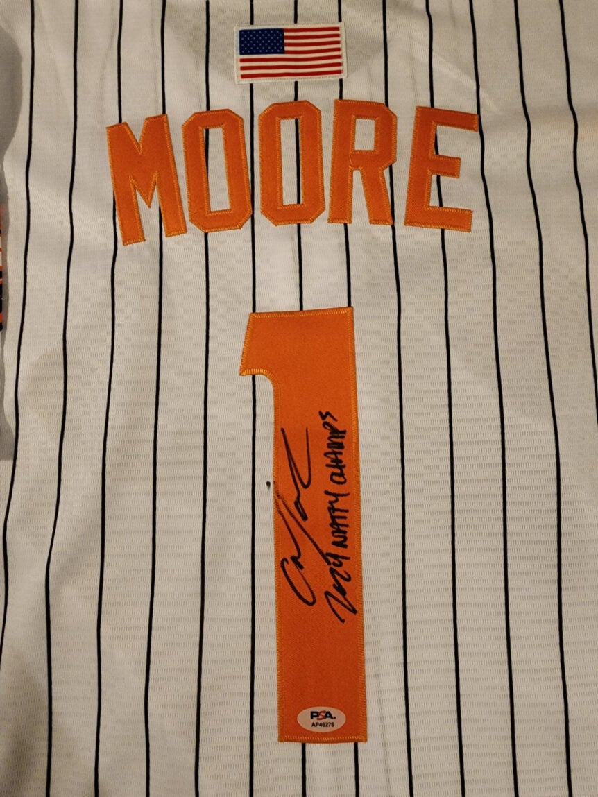Christian Moore Autographed Pinstriped Tennessee Volunteers 2024 MCWS Jersey Inscribed 2024 Natty Champs v2
