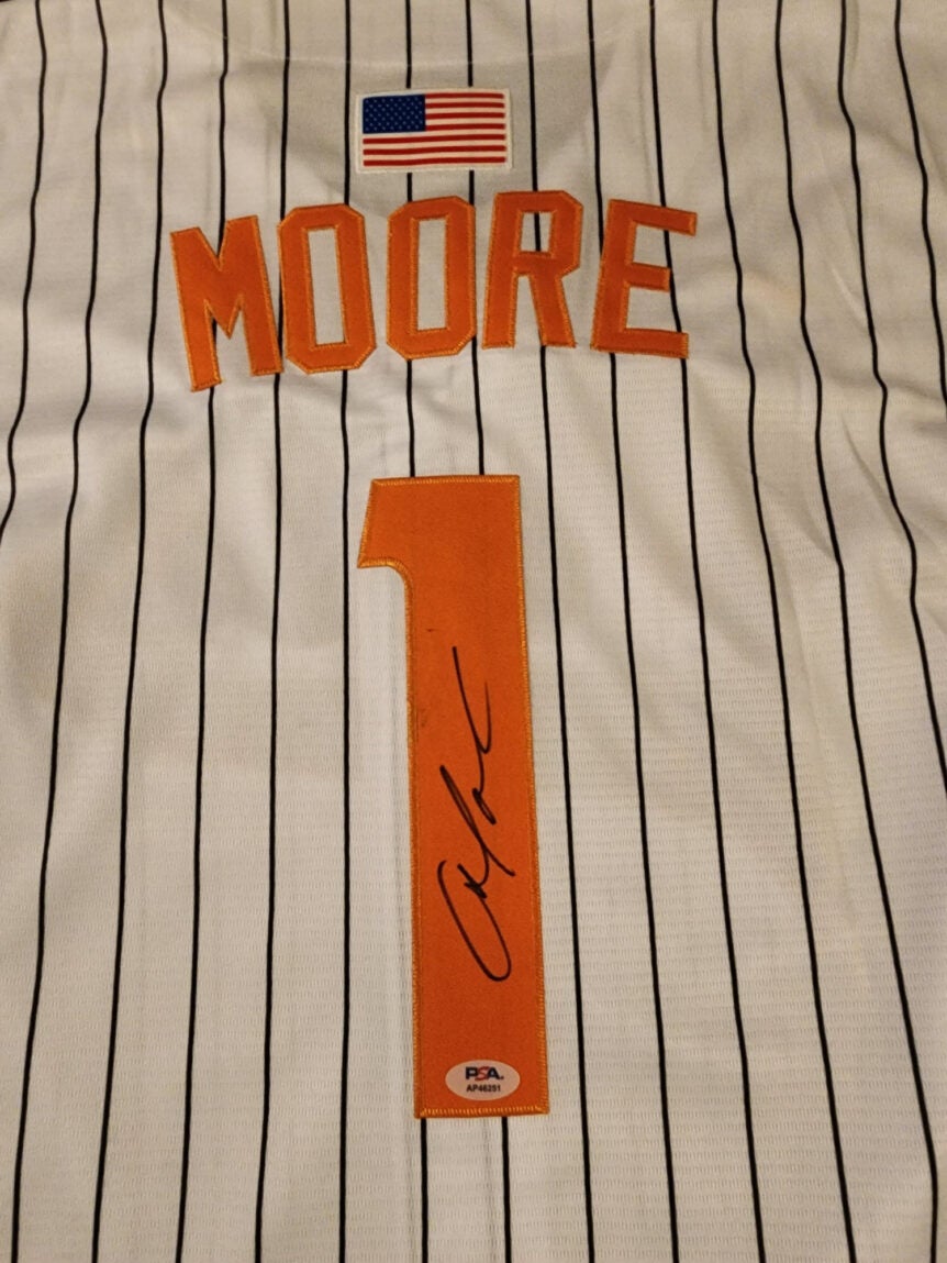Christian Moore Autographed Pinstriped Tennessee Volunteers 2024 MCWS Jersey v2