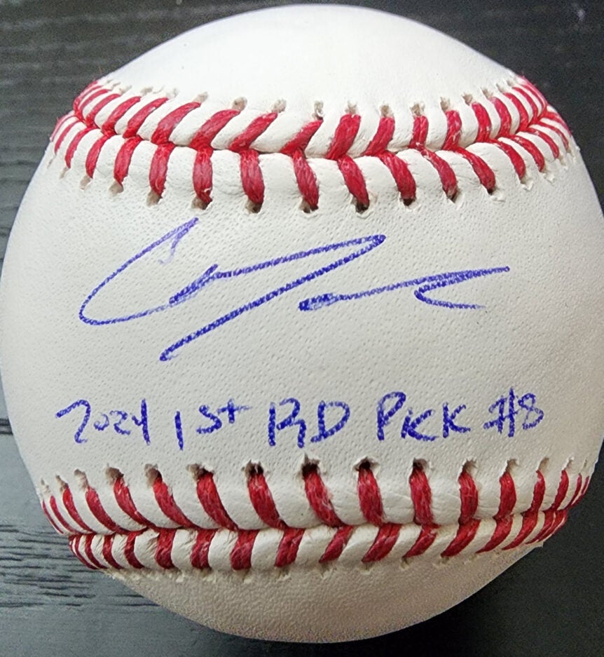 Christian Moore Autographed Rawlings OMLB Baseball Inscribed 2024 1st Rd #8 PSA COA v1