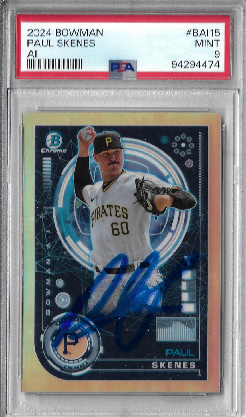 Paul Skenes Autographed 2024 Bowman Chrome AI Rookie Card BAI15 PSA 9