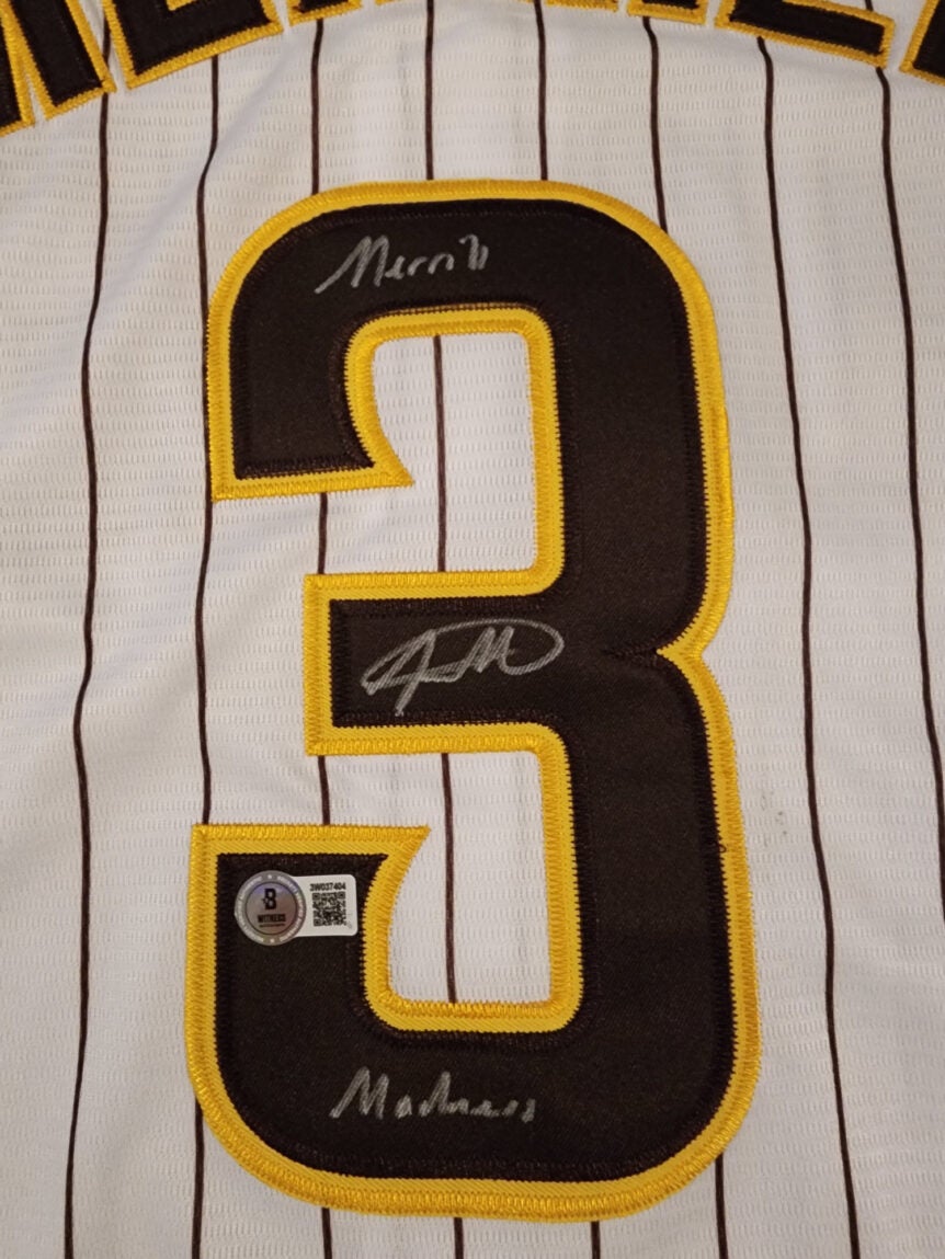 Jackson Merrill Autographed Padres Home Jersey Inscribed Merrill Mania Beckett COA v1