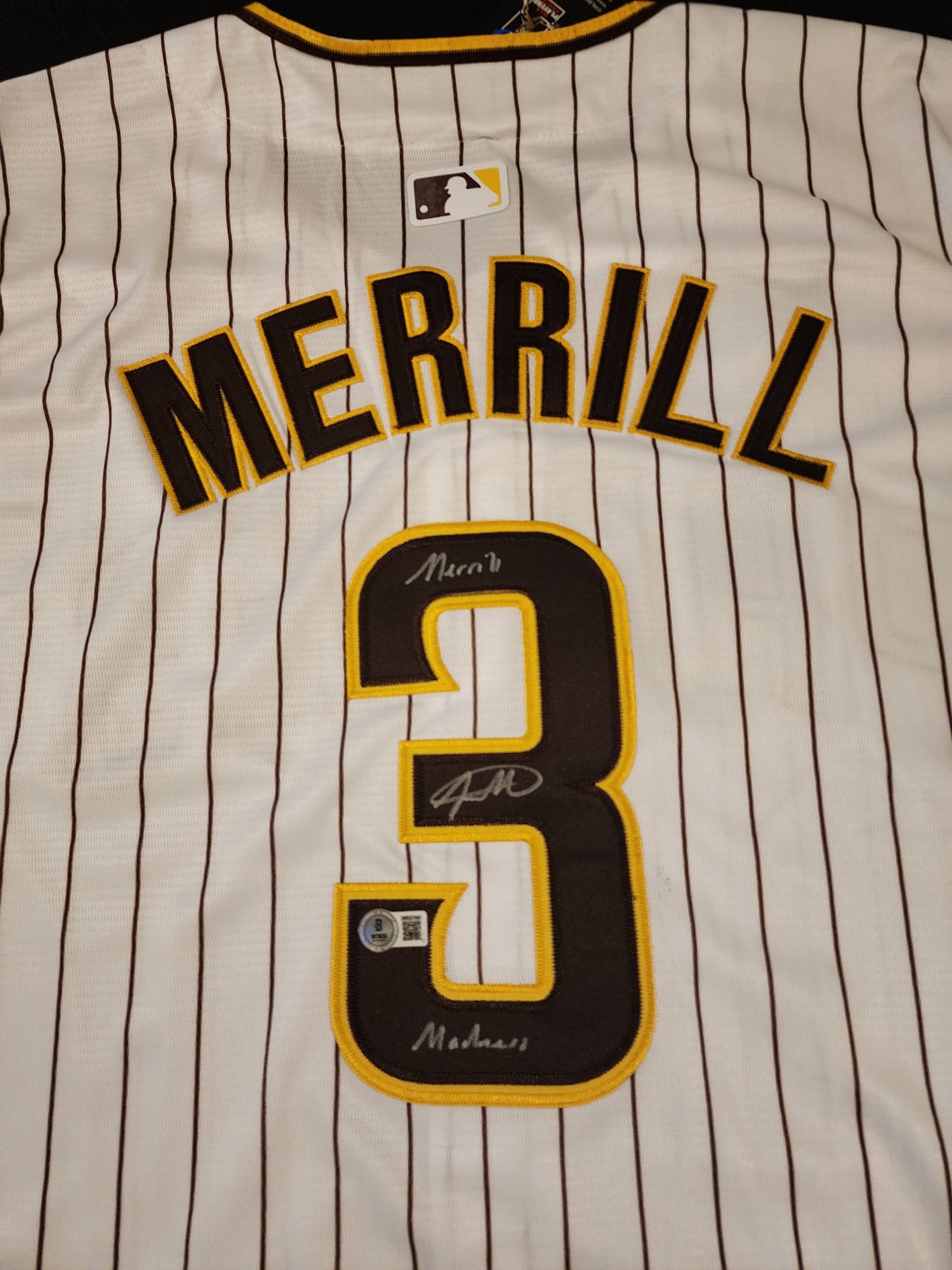 Jackson Merrill Autographed Padres Home Jersey Inscribed Merrill Mania Beckett COA v2