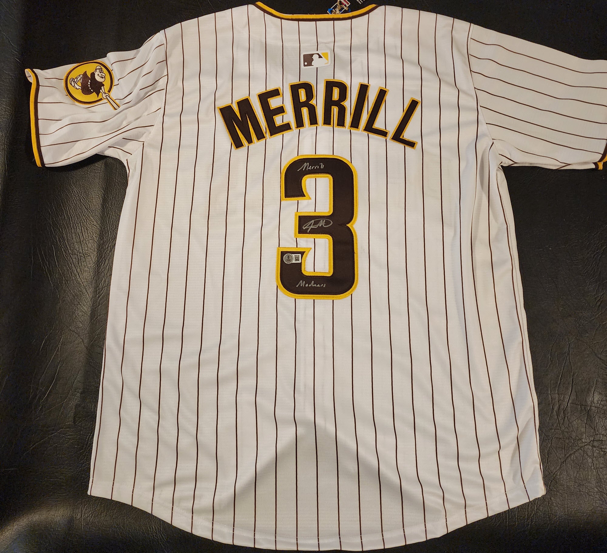 Jackson Merrill Autographed Padres Home Jersey Inscribed Merrill Mania Beckett COA v3