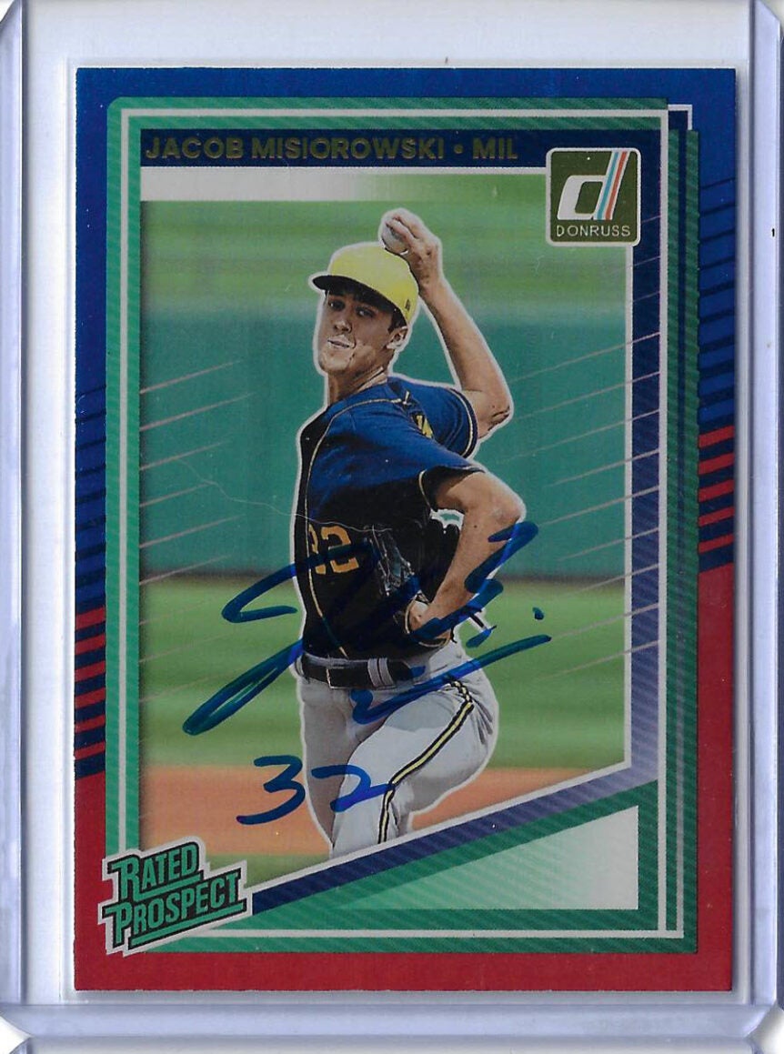 Jacob Misiorowski Autographed 2025 Donruss Rated Prospects Red and Blue Rookie Card RC