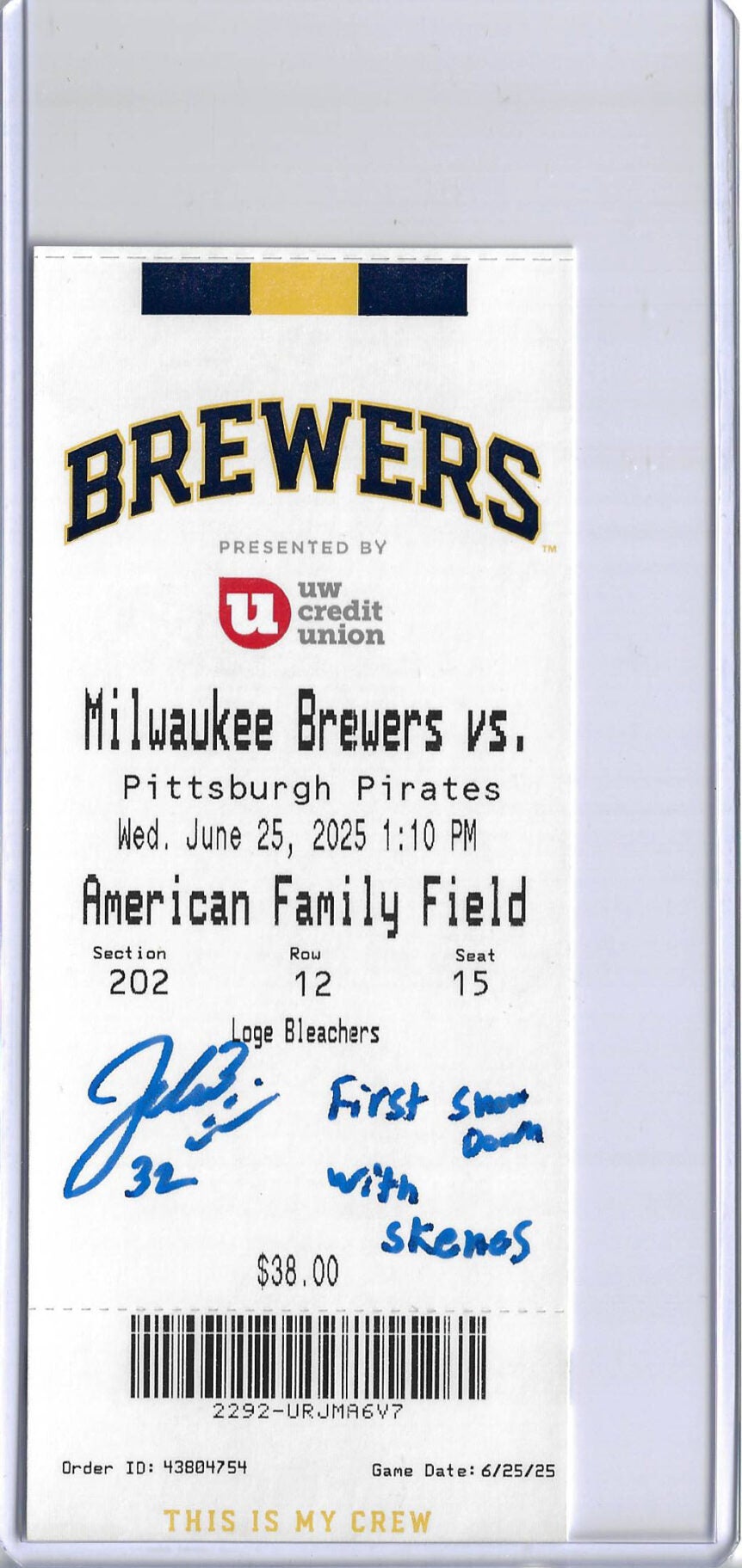 Jacob Misiorowski Autographed Milwaukee Brewers MLB June 25th First Show Down With Skenes Ticket