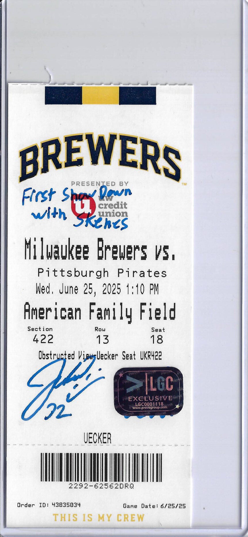 Jacob Misiorowski Autographed Milwaukee Brewers MLB June 25th First Show Down With Skenes Ticket PROVA on Front