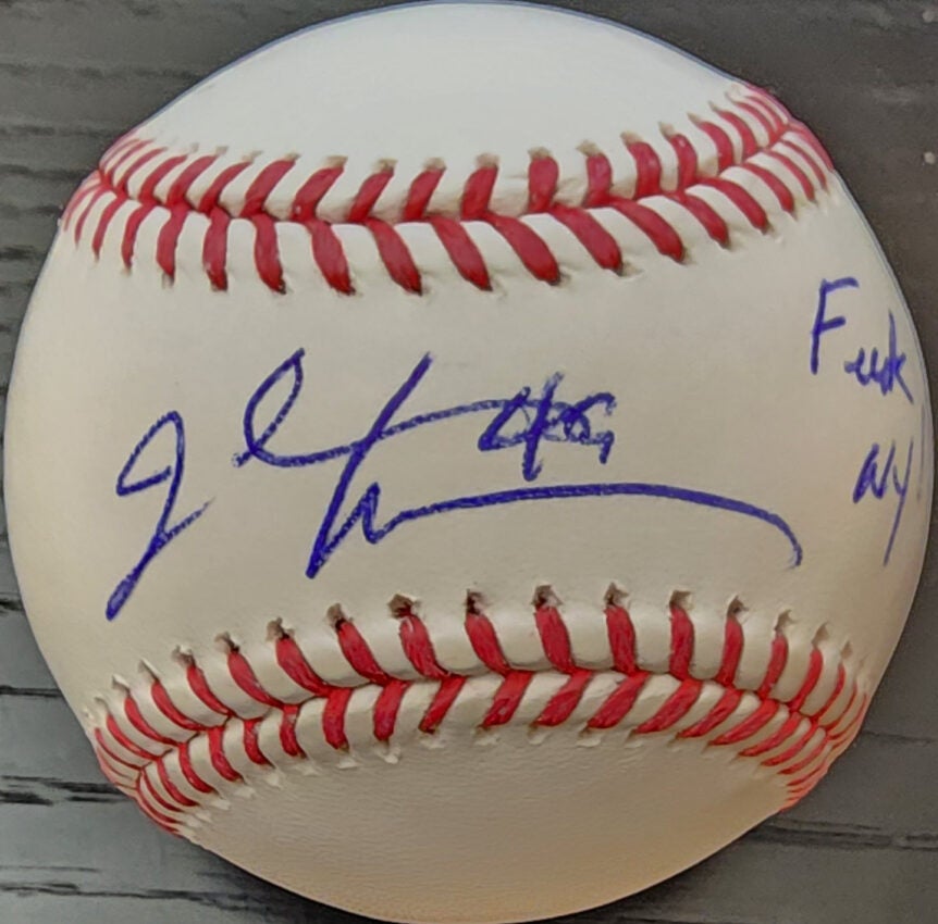 John Rocker Autographed OMLB Baseball Inscribed Fuck NY v1