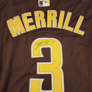 Jackson Merrill Autographed Padres Brown Away Jersey Beckett COA v2