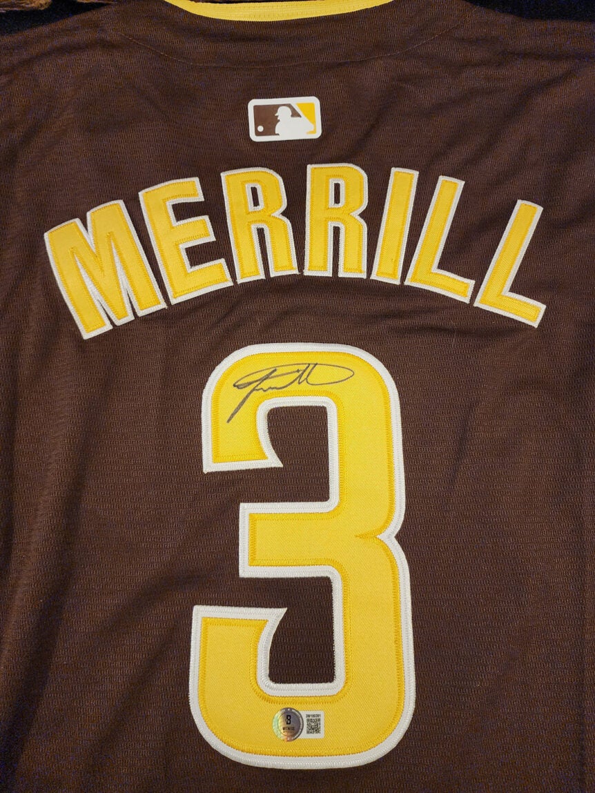 Jackson Merrill Autographed Padres Brown Away Jersey Beckett COA v2