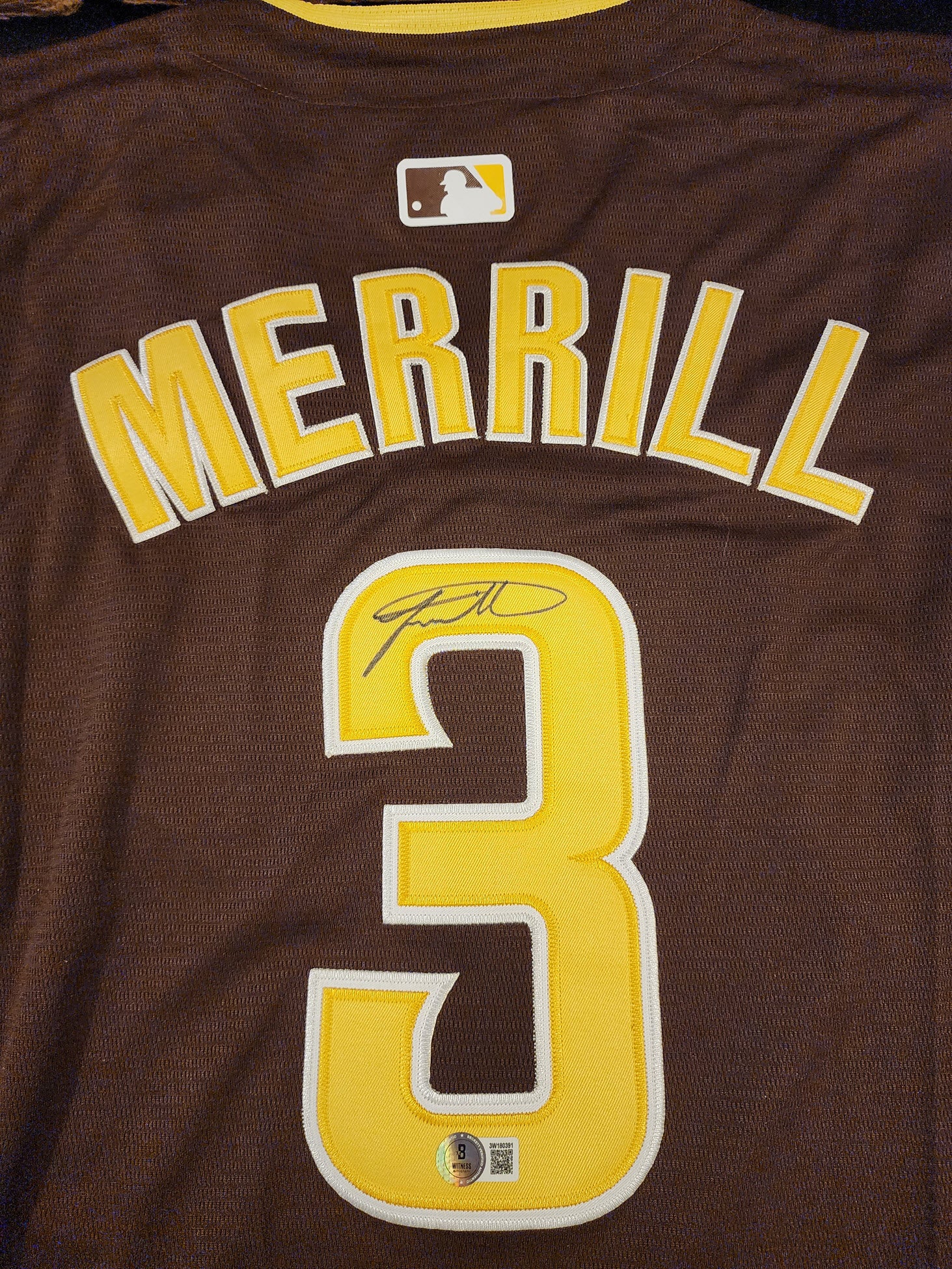 Jackson Merrill Autographed Padres Brown Away Jersey Beckett COA v2