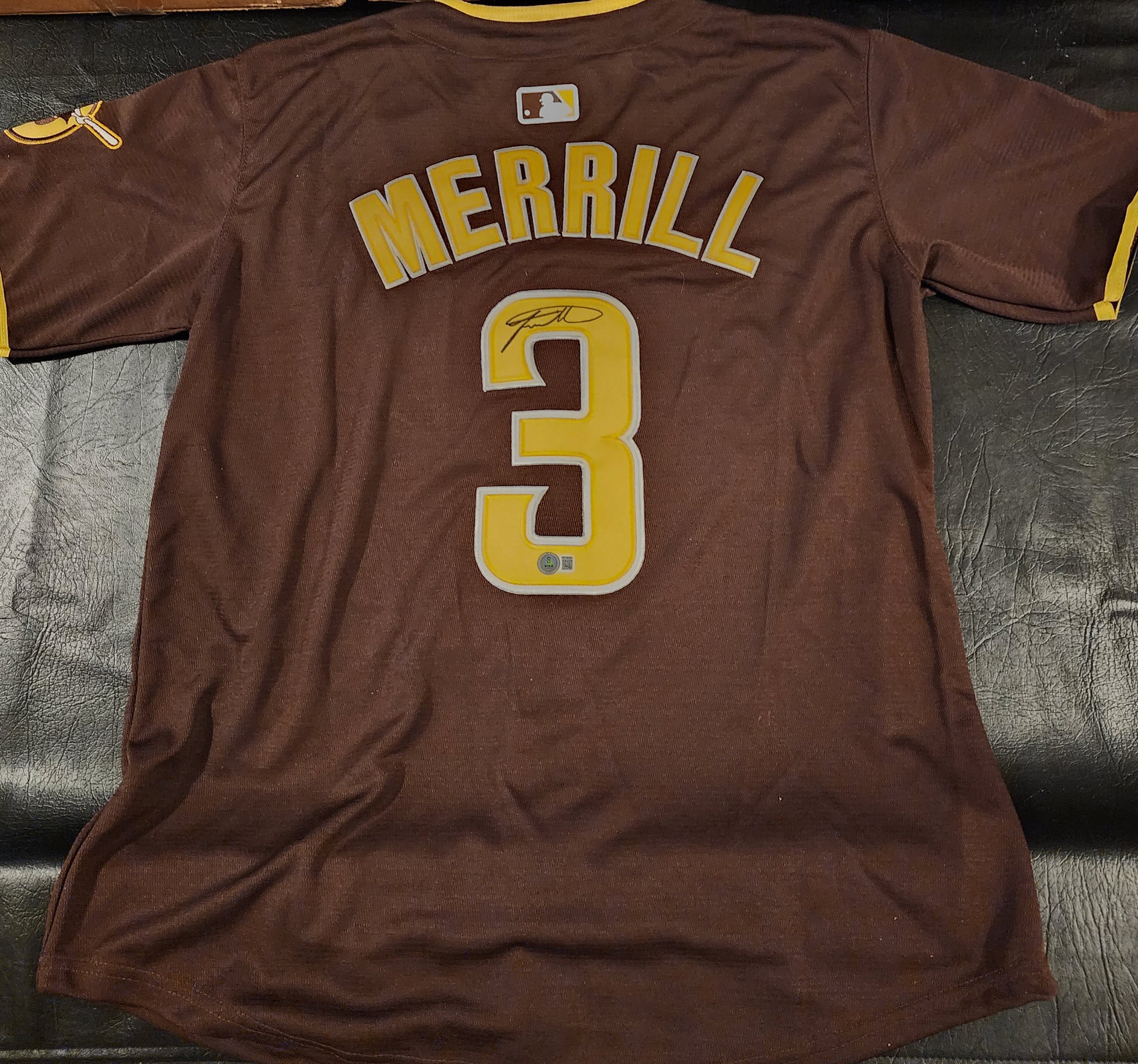 Jackson Merrill Autographed Padres Brown Away Jersey Beckett COA v3