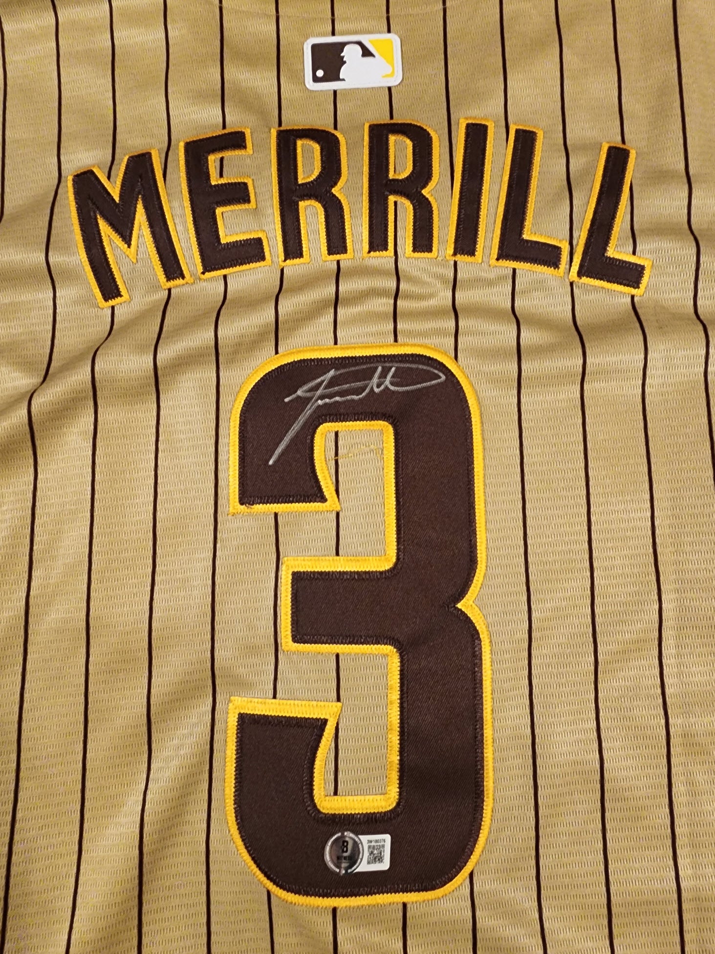 Jackson Merrill Autographed Padres Tan Alternative Jersey Beckett COA v2