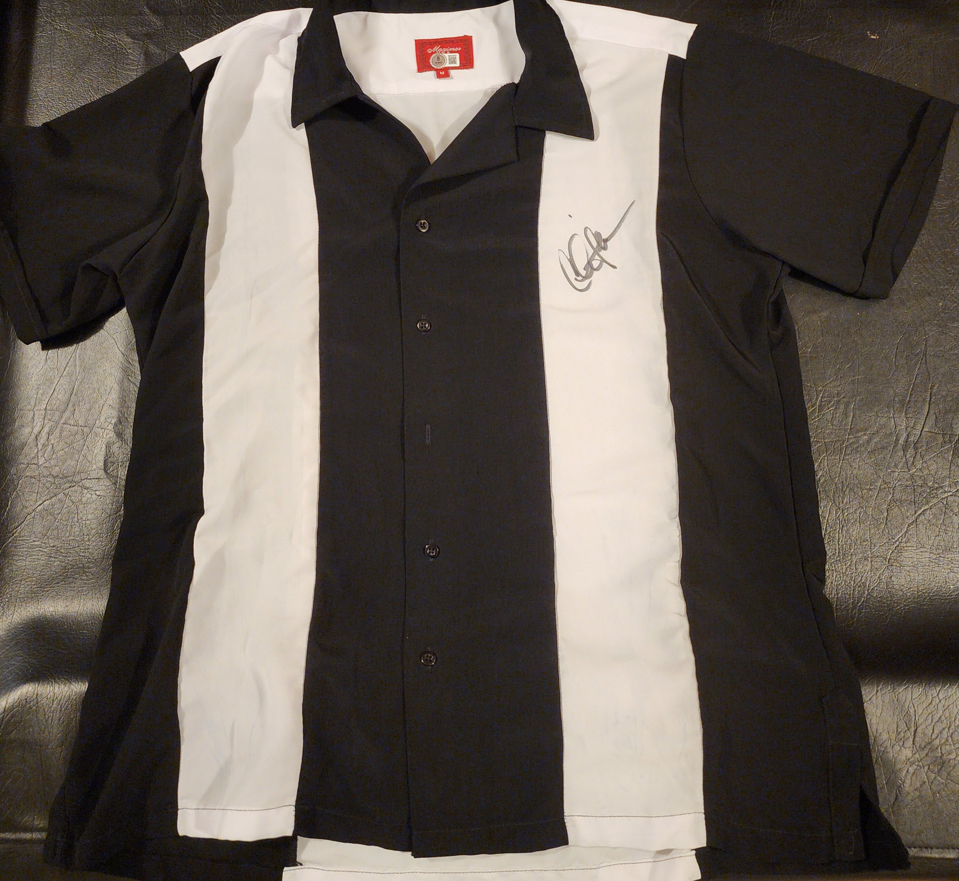 Charlie Sheen Autographed Signed Two and A Half Men Black White Bowling Shirt v3