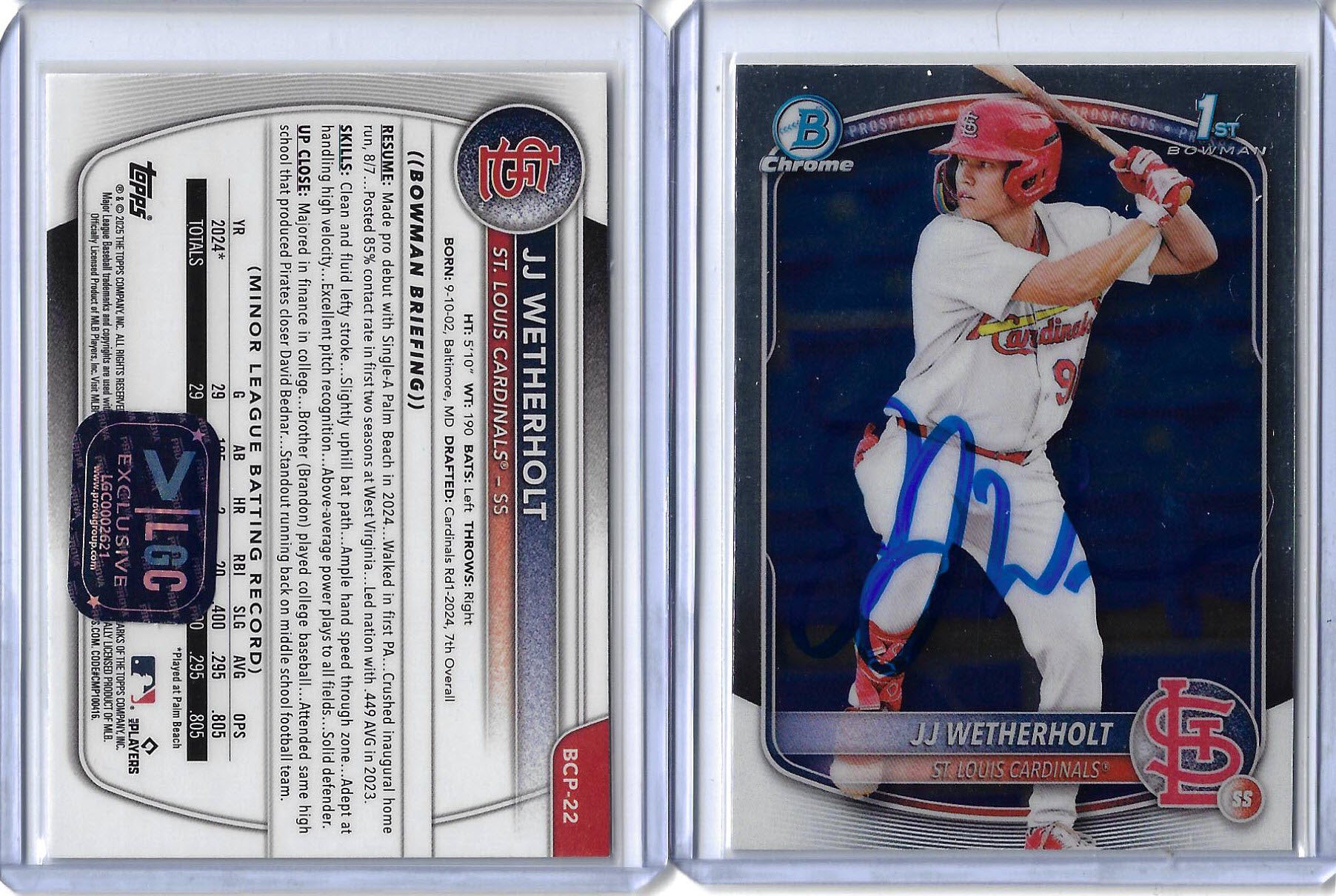 JJ Wetherholt Autographed 2025 Bowman Chrome Prospects BCP22 Rookie Card PROVA COA