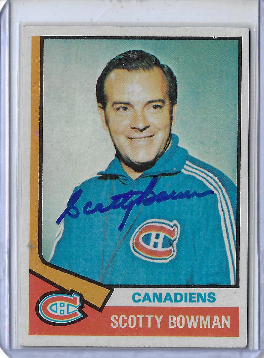 Scotty Bowman Autographed 74-75 Topps Coach Rookie Card 261 v1