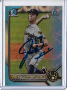 Jacob Misiorowski Autographed 2022 Bowman Draft Chrome BDC132 Sky Blue Refractor 1st Rookie Card RC