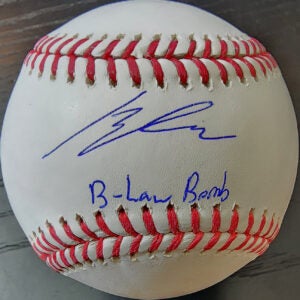 Brendan Lawson Autographed Rawlings OMLB Baseball Inscribed B Law Bomb v1