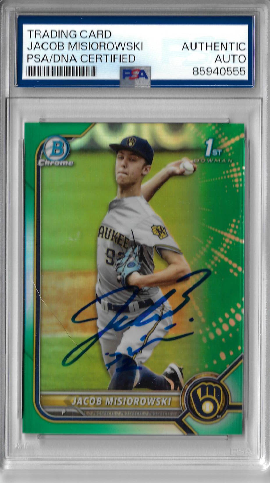 Jacob Misiorowski Autographed 2022 1st Bowman Chrome Green Refractor RC Rookie Card PSA SLABBED