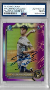 Jacob Misiorowski Autographed 2022 1st Bowman Chrome Purple Refractor RC Rookie Card 030 OF 250 PSA SLABBED
