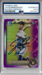 Jacob Misiorowski Autographed 2022 1st Bowman Chrome Purple Refractor RC Rookie Card 105 OF 250 PSA SLABBED