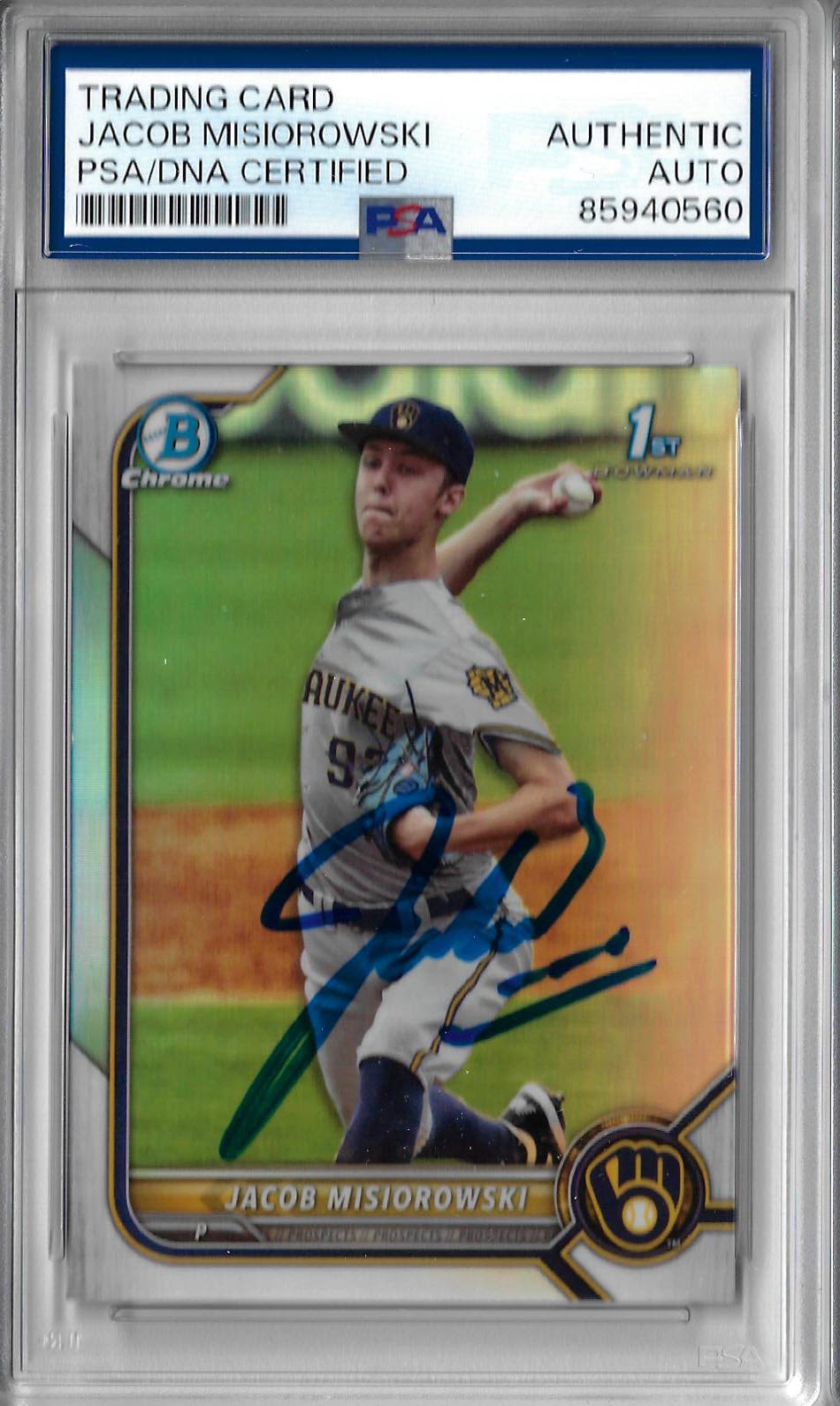 Jacob Misiorowski Autographed 2022 1st Bowman Chrome Refractor RC Rookie Card PSA SLABBED 60