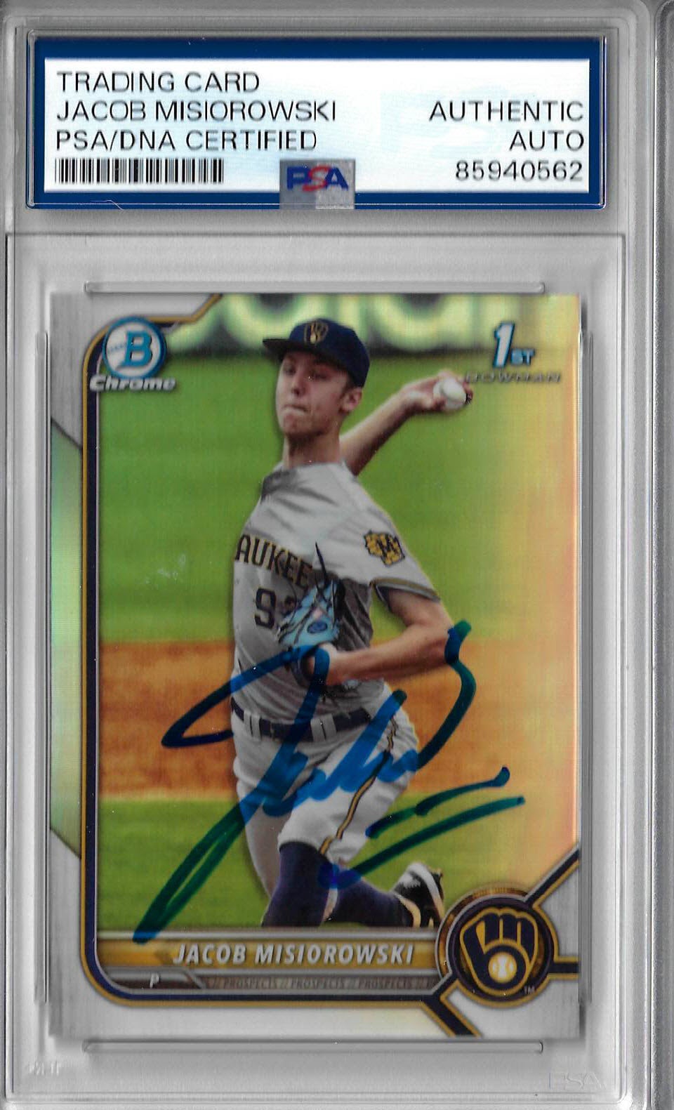 Jacob Misiorowski Autographed 2022 1st Bowman Chrome Refractor RC Rookie Card PSA SLABBED 62