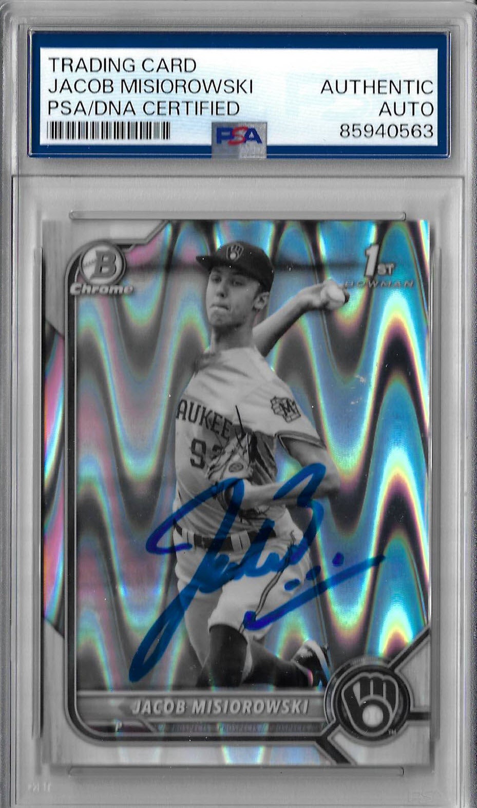 Jacob Misiorowski Autographed 2022 Bowman Draft Chrome BDC132 Black & White RayWave Rookie Card RC PSA SLABBED 63