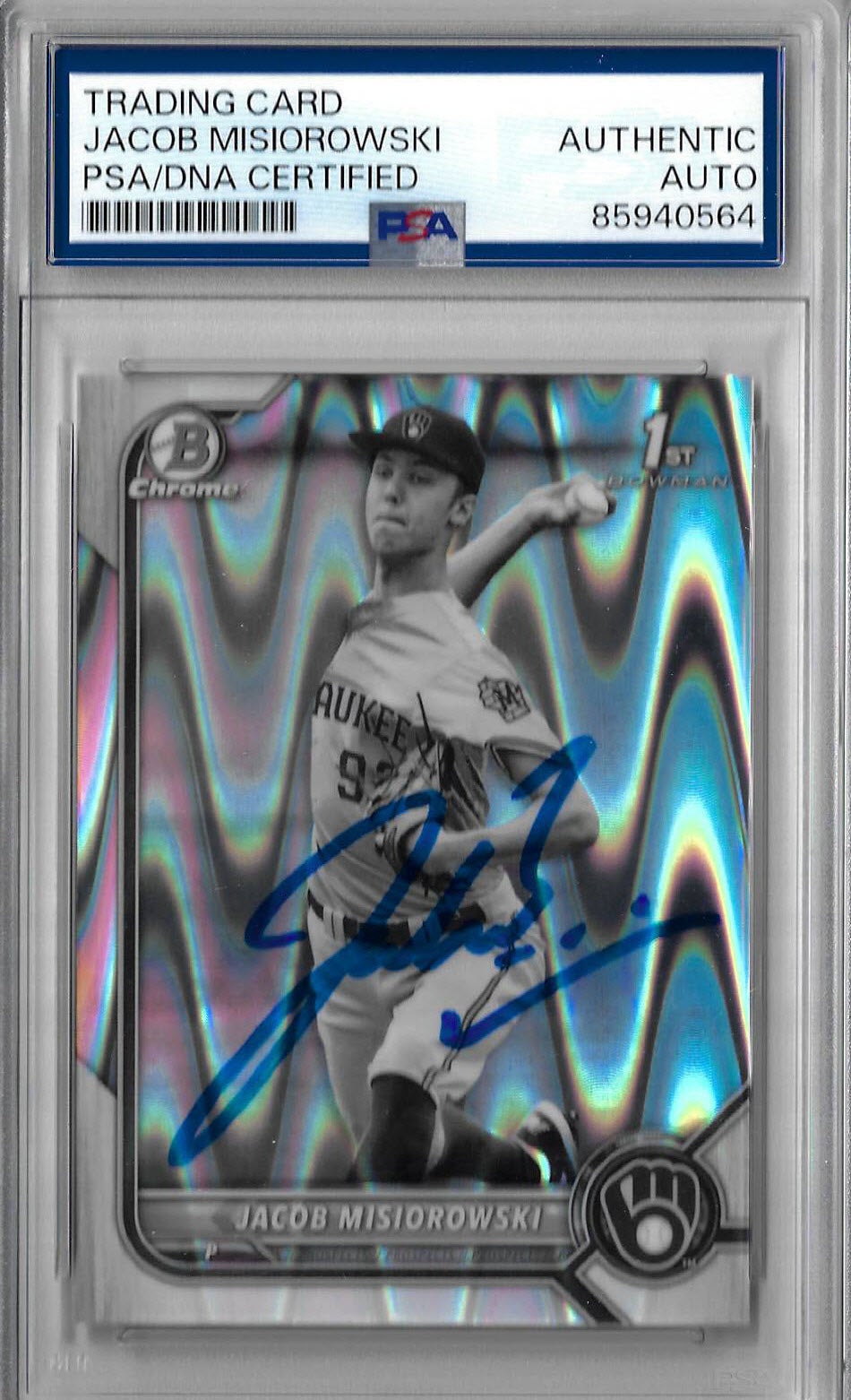 Jacob Misiorowski Autographed 2022 Bowman Draft Chrome BDC132 Black & White RayWave Rookie Card RC PSA SLABBED 64
