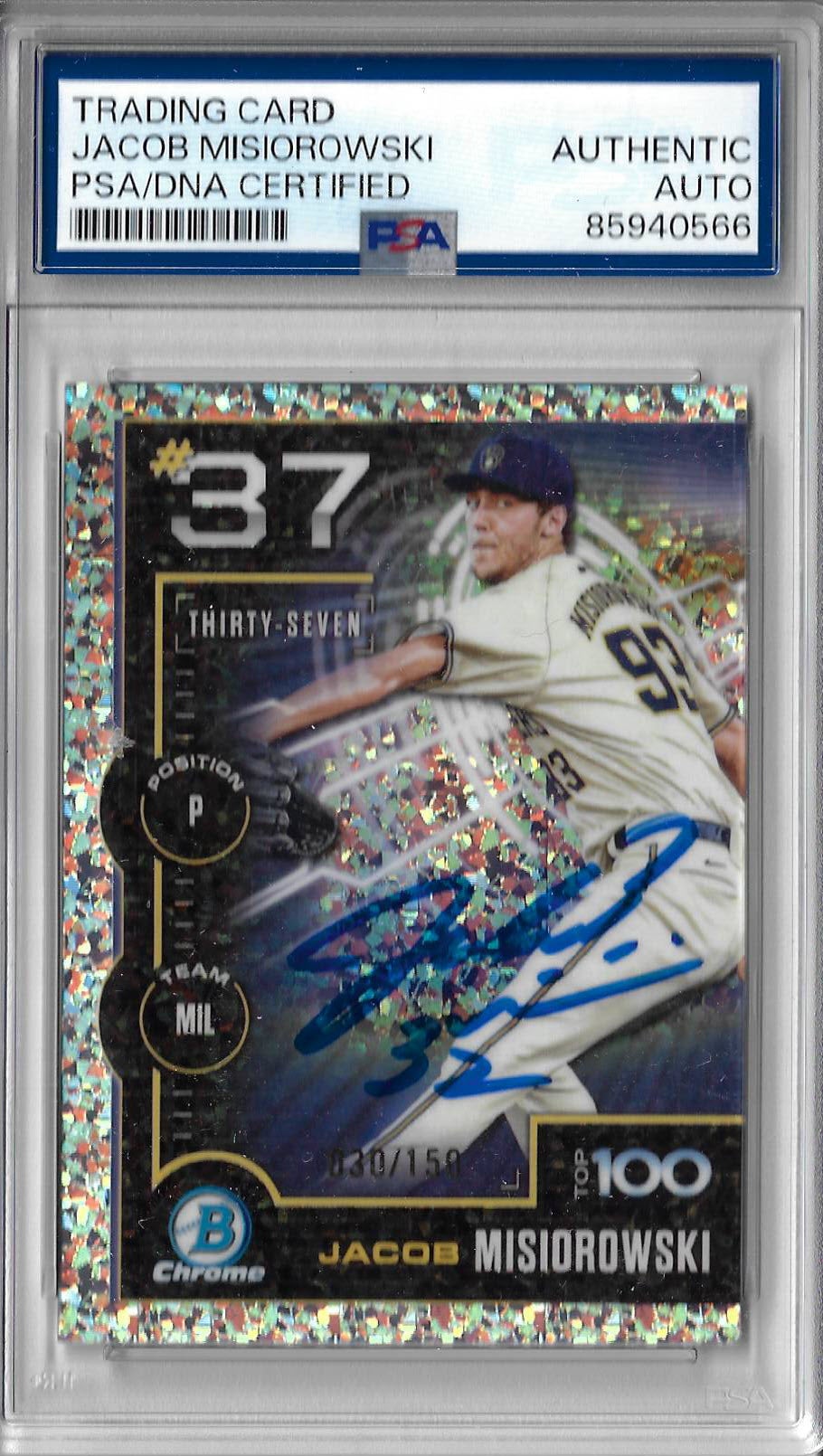 Jacob Misiorowski Autographed 2025 Bowman Top100 MINI DIAMOND REFRACTOR BTP-37 30 out of 150 Rookie Card RC PSA SLABBED