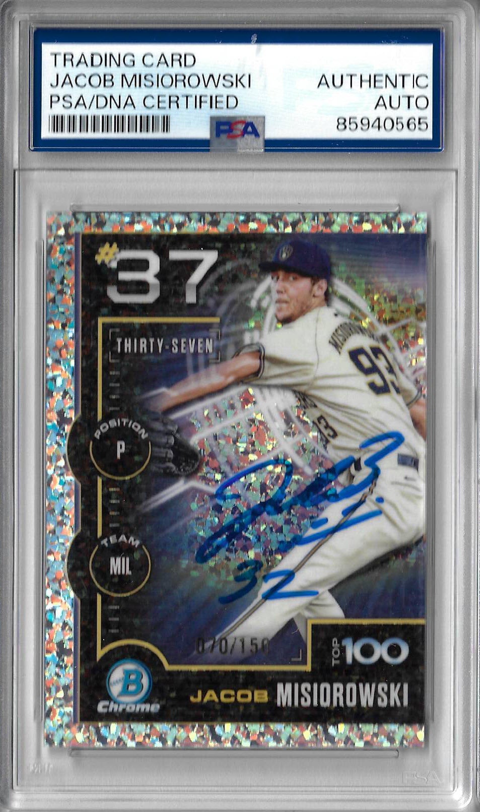 Jacob Misiorowski Autographed 2025 Bowman Top100 MINI DIAMOND REFRACTOR BTP-37 70 out of 150 Rookie Card RC PSA SLABBED