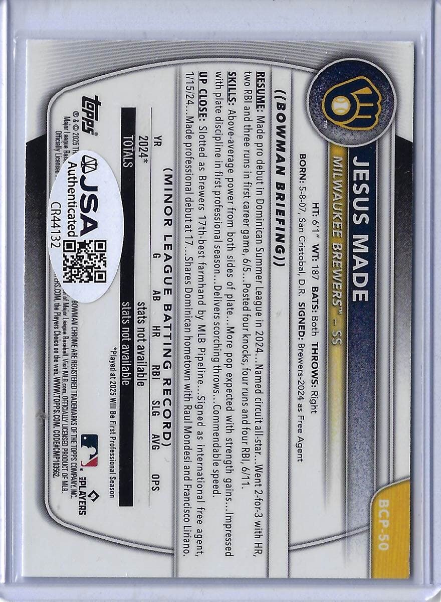 Jesus Made Autographed 2025 Bowman Chrome Prospects Mojo Refractor BCP50 Rookie Card RC v2