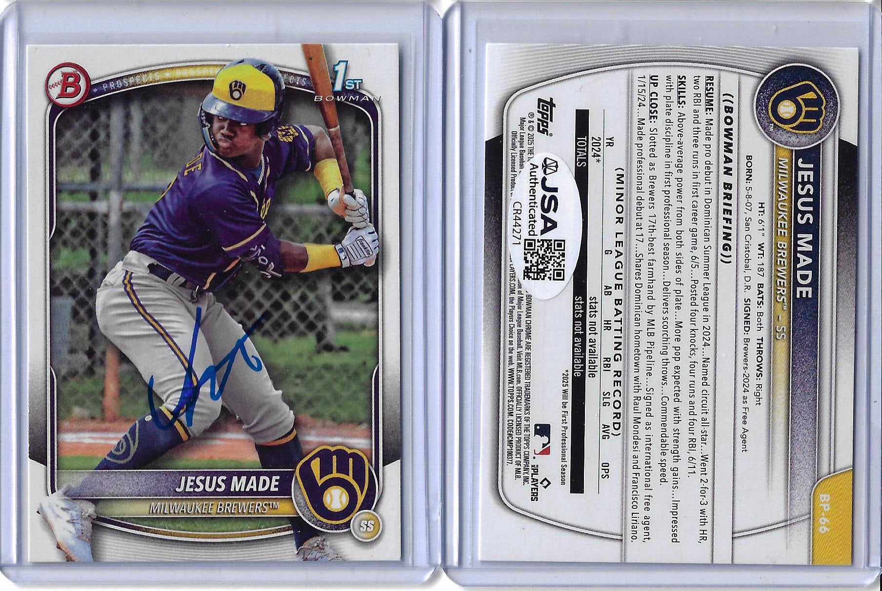 Jesus Made Autographed 2025 Bowman Prospects Paper BP66 Rookie Card RC
