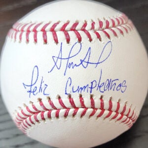 Franklin Arias Autographed Rawlings OMLB Baseball inscribed Feliz Cumpleanos v1