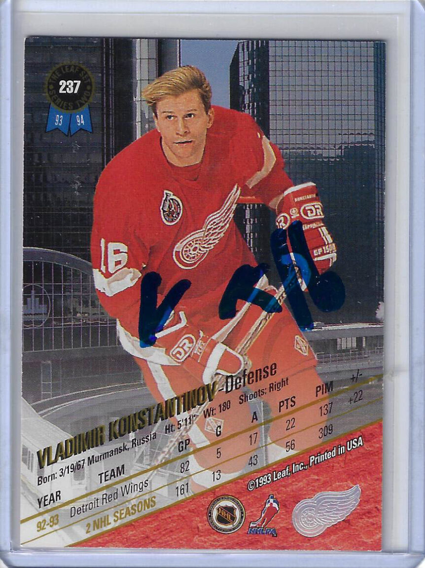Vladimir Konstantinov 1993 Leaf 237 Autographed Card SIGNED ON BACK