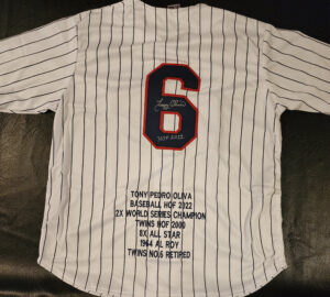 Tony Oliva Autographed Custom Pinstripe Career Stat Jersey with HOF2022 Inscription v5