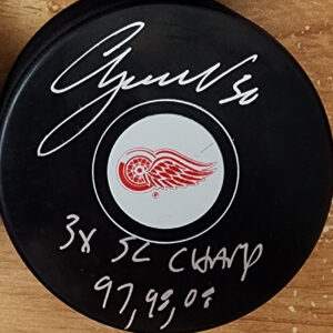 Chris Osgood Autographed Detroit Red Wings Puck Inscribed 3x Stanley Cup Champ