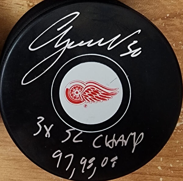 Chris Osgood Autographed Detroit Red Wings Puck Inscribed 3x Stanley Cup Champ